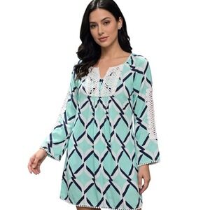 Womens Geometric Print Tunic Top Aqua Blue Crochet Lace Pom‎ Pom Trim 3/4 Sleeve